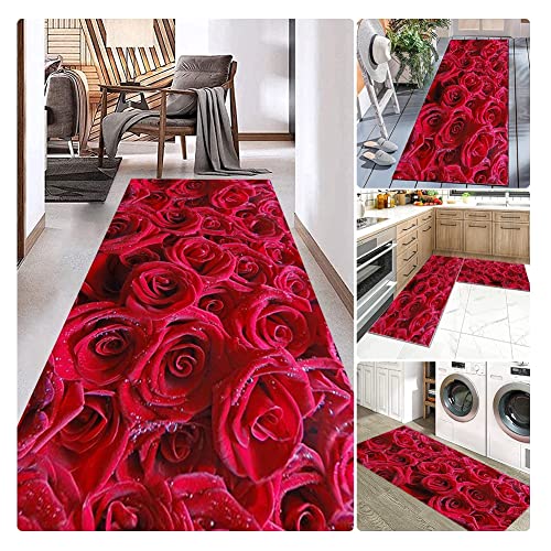 Siunwdiy 3D Teppich Läufer Rosa Rose Flur Teppich Läufer Teppich Läufer Flur rutschfest Küchenläufer Waschbar Sauberlaufmatte Korridor Teppich Für Küche Wohnzimmer Schlafzimmer,Rot,100x250cm von Siunwdiy