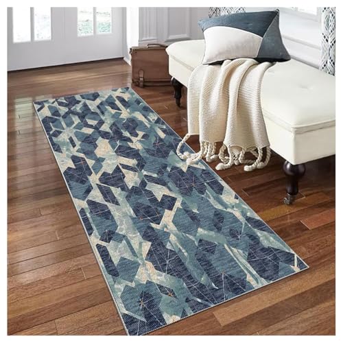 Siunwdiy Blauer Läufer Teppich Flur Küche 140x500cm rutschfest Waschbar Vintage Design Küchenteppich Lang Flurteppich Meterware Korridor Schlafzimmer Wohnzimmer Polyester Anpassbar Schmutzfangmatte von Siunwdiy