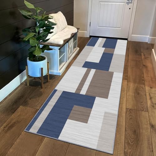 Siunwdiy Blauer Teppich Läufer Flur Küche rutschfest Waschbar 140 x 600 cm Patchwork-Muster Kurzflor Küchenläufer Lang Korridor Teppich Läufer Küchenteppich Einfarbig Flurteppich Meterware Anpassbar von Siunwdiy