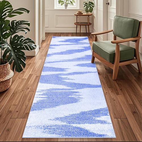 Siunwdiy Blauer Teppich Läufer Flur Küche rutschfest Waschbar 90 x 100 cm Einfarbiger Abstrakter Küchenläufer Lang Korridor Teppich Läufer Küchenteppich Einfarbig Flurteppich Meterware Anpassbar von Siunwdiy