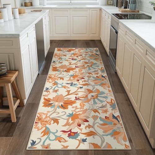 Siunwdiy Blumenmuster Teppich, Flurteppich 80 x 150 cm Teppichläufer rutschfest, Flurläufer，Küchenteppich Waschbar Küchenläufer für Küche, Korridor, Schlafzimmer, Eingang, Bettvorleger Deko von Siunwdiy