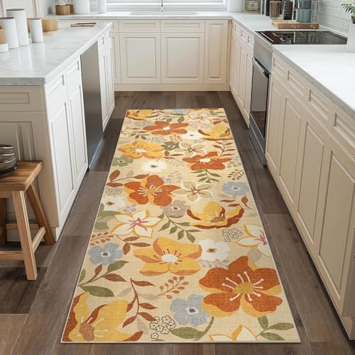 Siunwdiy Blumenmuster Teppich Flur Läufer 100 x 130 cm Vintage Teppichläufer Küchenläufer Teppiche rutschfest Waschbar für Bettvorleger Flur Küche Waschküche von Siunwdiy