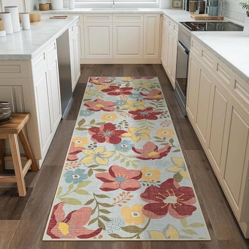 Siunwdiy Blumenmuster Teppich Flur Läufer 60 x 200 cm Vintage Teppichläufer Küchenläufer Teppiche rutschfest Waschbar für Bettvorleger Flur Küche Waschküche von Siunwdiy