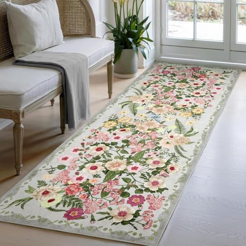 Siunwdiy Blumenmuster Teppich Flur Läufer Hellgrau 80 x 140 cm Bunter Vintage Teppichläufer Küchenläufer Teppiche rutschfest Waschbar für Bettvorleger Flur Küche Waschküche von Siunwdiy