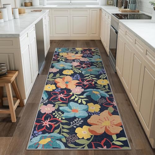 Siunwdiy Blumenmuster Teppich Läufer rutschfest Waschbar 60 x 130 cm Flurteppich läufer lang Küchenteppich Teppichläufer für Bettvorleger Eingangsbereich Waschküche Flur Deko von Siunwdiy