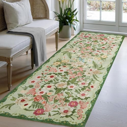 Siunwdiy Blumenmuster Teppich Läufer rutschfest Waschbar Grün 140 x 120 cm Bunter Flurteppich läufer lang Küchenteppich Teppichläufer für Bettvorleger Eingangsbereich Waschküche Flur Deko von Siunwdiy