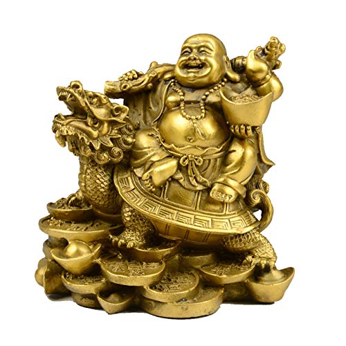 Siunwdiy Buddha Statue Maitreya Figur mit Geldsack Feng Shui Lachender Buddha auf Drachenschildkröte für Reichtum Und Viel Glück Tischdekoration Mittelstücke,Messing,12 * 12 * 9cm von Siunwdiy