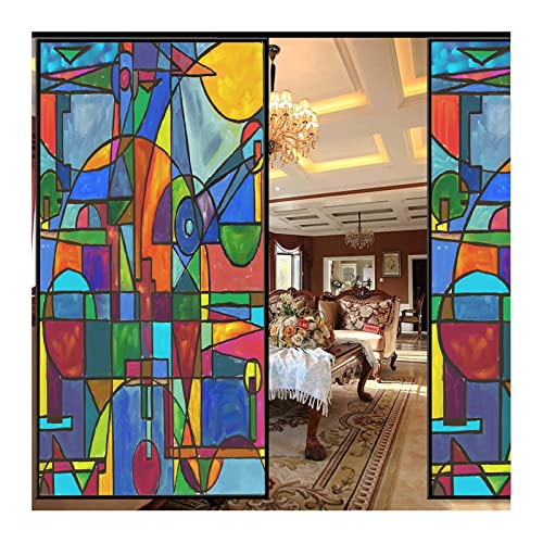 Siunwdiy Fensterfolien,Sichtschutz Fensterfolie mit Geometrie Motiv - Bunt Blickdichte Statisch Haftende Selbsthaftend - Sichtschutzfolie Dekoration Glas und Tür - für Badzimmer Küche,L,70x120cm von Siunwdiy