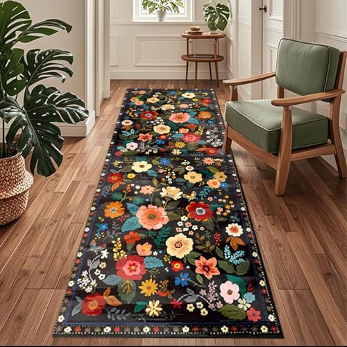 Siunwdiy Flurläufer Extra Lang 120x100cm Blumenmuster Schwarz, Rutschfester waschbarer Flurteppich für Küche, Korridor, Schlafzimmer, Eingang, Büro, Wohnzimmer Siunwdiy Flurläufer Extra Lang 120x100cm Blumenmuster Schwarz, Rutschfester waschbarer Flurteppich für Küche, Korridor, Schlafzimmer, Eingang, Büro, Wohnzimmer von Siunwdiy