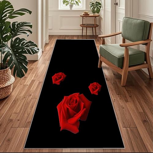 Siunwdiy Schwarzer Teppich mit Rot Rosenmuster, Flurläufer Lang 140x320cm,Teppich Blumen Flurteppich,Brücken Teppichläufer rutschfest, Küchenteppich Waschbar Küchenläufer für Küche, Korridor, Eingang Siunwdiy Schwarzer Teppich mit Rot Rosenmuster, Flurläufer Lang 140x320cm,Teppich Blumen Flurteppich,Brücken Teppichläufer rutschfest, Küchenteppich Waschbar Küchenläufer für Küche, Korridor, Eingang von Siunwdiy