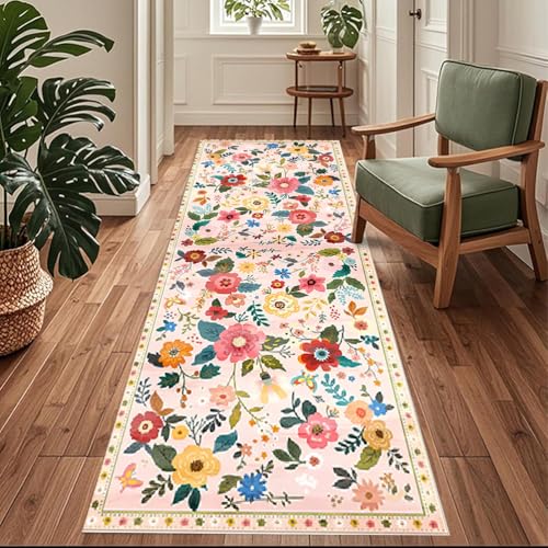 Siunwdiy Flurläufer Extra Lang 60x200cm Blumenmuster Rosa, Rutschfester Flurteppich waschbar für Küche, Korridor, Schlafzimmer, Eingang, Büro, Wohnzimmer von Siunwdiy