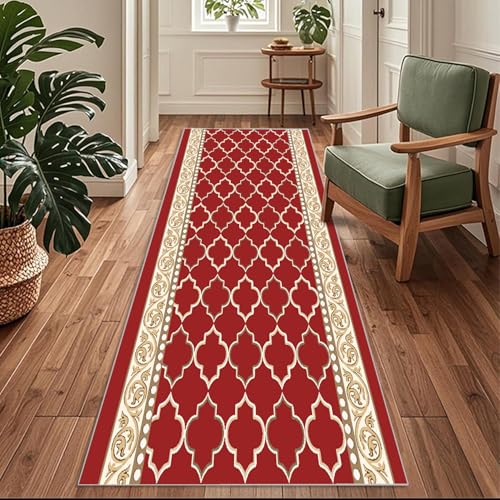 Siunwdiy Flurläufer Lang 80x380cm Teppichläufer rutschfest, Flurteppich，Küchenteppich Waschbar Schmutzfangmatte Rot Vintage Küchenläufer für Küche, Korridor, Schlafzimmer, Eingang, Büro von Siunwdiy