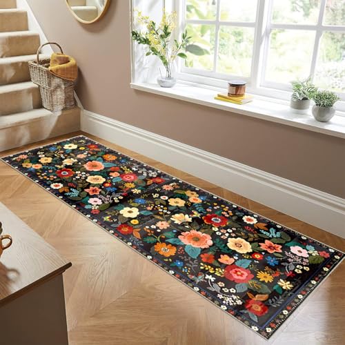Siunwdiy Flurläufer lang 40x160cm Blumenmuster - Teppichläufer rutschfest, Flurteppich，Küchenteppich Waschbar Schwarz Küchenläufer für Küche, Korridor, Bettvorleger Schlafzimmer, Eingang, Büro von Siunwdiy