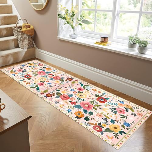 Siunwdiy Flurläufer lang 50x100cm Blumenmuster - Teppichläufer rutschfest, Flurteppich，Küchenteppich Waschbar Rosa Küchenläufer für Küche, Korridor, Bettvorleger Schlafzimmer, Eingang, Büro von Siunwdiy