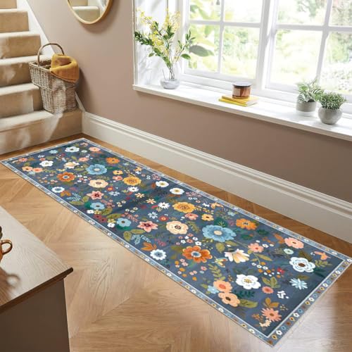 Siunwdiy Flurläufer lang 80x100cm Blumenmuster - Teppichläufer rutschfest, Flurteppich，Küchenteppich Waschbar Blau Küchenläufer für Küche, Korridor, Bettvorleger Schlafzimmer, Eingang, Büro von Siunwdiy
