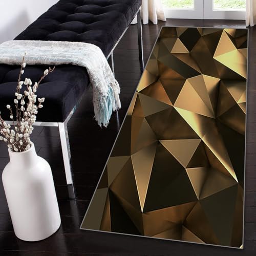 Siunwdiy Flurteppich 120x480cm Schwarz Gold，Teppichläufer Beige，Rutschfester waschbarer Läufer für Flur, Küche, Eingangsbereich3D Geometrie Korridor Teppich als Fußmatte Küchenläufer von Siunwdiy