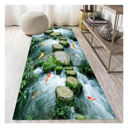 Siunwdiy Flurteppich läufer lang 1Meterware rutschfest,3D Bach, Fische Teppich Läufer Waschbar Grün Polyester Dauerhaft Flur Teppich Fur Korridor Wohnzimmer Schlafzimmer Anpassbar 50X100CM von Siunwdiy