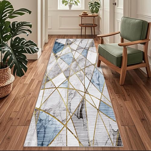 Siunwdiy Geometrische Teppich Läufer Flur Küche rutschfest Waschbar 140 x 240 cm Blau Küchenläufer Lang Korridor Teppich Läufer Küchenteppich Einfarbig Flurteppich Meterware Anpassbar von Siunwdiy