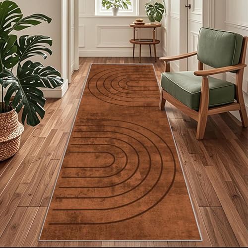 Siunwdiy Küchenläufer Teppich 40 x 220 cm Brauner Einfarbig gestreifter Waschbar rutschfest Flurteppich Läufer für Küche Korridor Schlafzimmer Modern Design von Siunwdiy