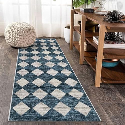 Siunwdiy Läufer Flur Karomuster Waschbarer Teppich Läufer Blau Rautenmuster 70 x 120 cm Küchenteppich, Eingangsbereich, Bettvorleger, Schlafzimmer Deko, küchenläufer rutschfest, Kurzflor von Siunwdiy