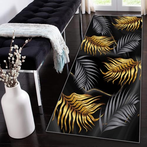 Siunwdiy Läufer Flur Küche Waschbar rutschfest 120x440cm Schwarz Gold Grau Lang Küchenteppich FlurteppichFedermuster Teppich Fur Korridor Wohnzimmer Schlafzimmer Meterware Anpassbar von Siunwdiy