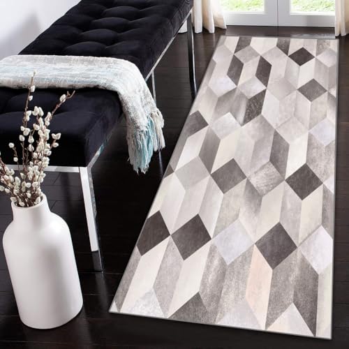 Siunwdiy Läufer Lang Flur rutschfest Teppich90x100cm Hellbraun Teppichläufer für Küche Waschbar Flur Teppich läufer 3D Geometrie Flurläufer Eingang Teppichs für Büro Esszimmer von Siunwdiy