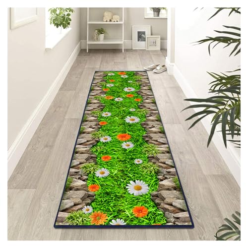 Siunwdiy Läufer Teppich Grüne 3D Blumen Gras Lang Flur Läufer Abstrakte rutschfest Waschbar 60X120cm Modern Dauerhaft Flur Läuferteppich TeppichLäufer Küchen Korridor Polyester Anpassbar Meterware von Siunwdiy