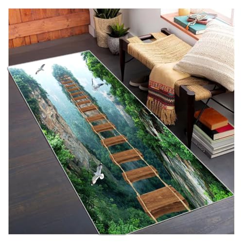 Siunwdiy Lang Teppich Läufer Flur rutschfest Küchenteppich Waschbar Grün 60x460cm, 3D Optische Täuschung für Korridor Eingang Wohnzimmer Schlafzimmer, Polyester Meterware Anpassbar von Siunwdiy