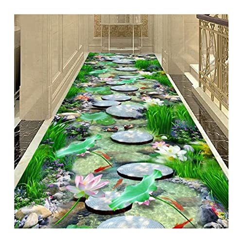 Siunwdiy Long Läufer Teppich Flur, Lotus Creek mit grünem Gras Wohnzimmer Treppe Küche Schlafzimmer Teppiche rutschfest Waschmaschinenfest Eingang Fußmatten,T,100x400cm von Siunwdiy