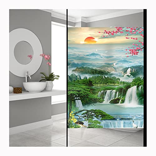 Siunwdiy Milchglasfolie Sichtschutz Fensterfolie,Statisch Haftend Dekorfolie,Fensterfolie Selbsthaftend Berge Und FlüSse Motiv,Ohne Klebstoff Wiederverwendbar - GrüN,C,90x120cm(36"x47") von Siunwdiy
