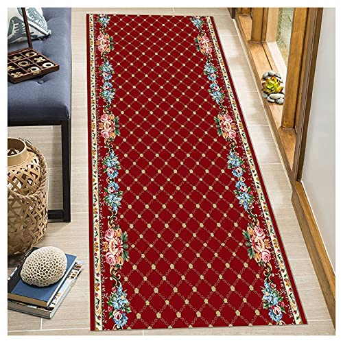 Siunwdiy Rote geometrische orientalische Blumen Teppich Läufer Flur rutschfest Küche Läufer Teppich Polyester Waschbar für Flur Küche Schlafzimmer Wohnzimmer,Rot,60x300cm von Siunwdiy