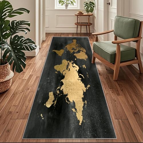 Siunwdiy Schwarz und GoldTeppich Läufer 100x480 cm Abstrakter Vintage- Carpet rutschfest Waschbar Bettumrandung Schlafzimmer, Teppichläufer für Küche, Flur, Eingangsbereich von Siunwdiy