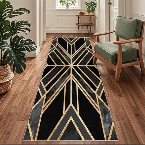 Siunwdiy Schwarzer, Grauer und Goldener Teppich Flur Läufer 100x140 cm Retro-Geometrie- Teppichläufer Küchenläufer Teppiche rutschfest Waschbar für Bettvorleger Flur Küche Waschküche von Siunwdiy