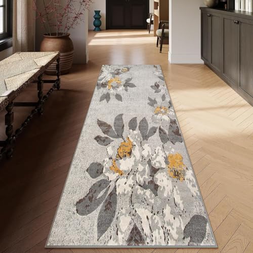 Siunwdiy Teppich Läufer 80 x 100 cm Grau Gelb Blumenmuster rutschfest Flurteppich Küche Korridor Waschbar Schlafzimmerteppich von Siunwdiy