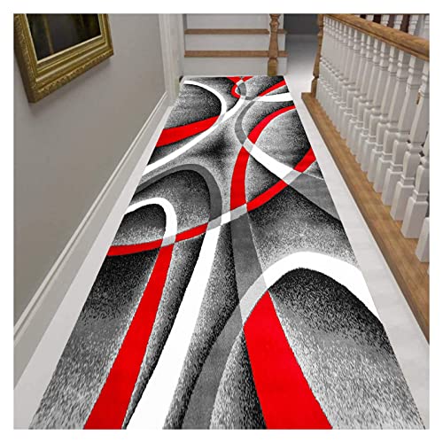 Siunwdiy Teppich Läufer Flur 140X400CM,Grau Rot Modern Geometrisch Design Muster rutschfest Küche Teppich Waschbar Dauerhaft,für Wohnzimmer Büro Schlafzimmer Esszimmer Korridor von Siunwdiy