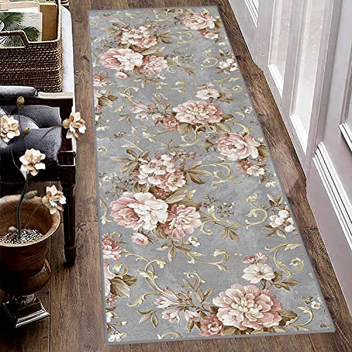 Siunwdiy Teppich Läufer Flur Korridor Schlafzimmer Küche Rosa und Grau 90X200CM rutschfest Waschbar 3D Muster schmutzfangmatte Kücheläufer Teppichläufer Polyester Meterware Anpassbar von Siunwdiy