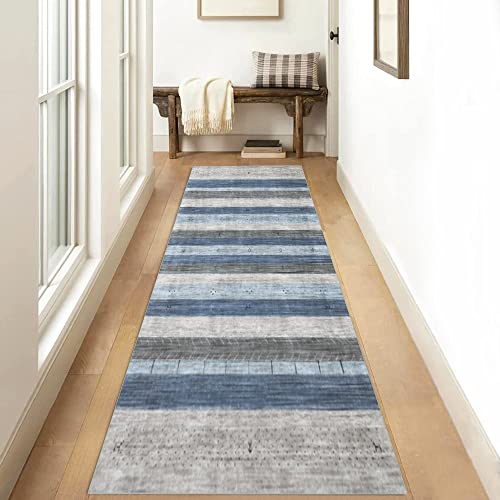 Siunwdiy Teppich Läufer Flur Küche 40x100cm Küchenteppich rutschfest Blau grau Gestreift Waschbar Meterware Schlafzimmer Korridor Teppichläufer Lang, Länge Anpassbare, 40-100cm Breit von Siunwdiy