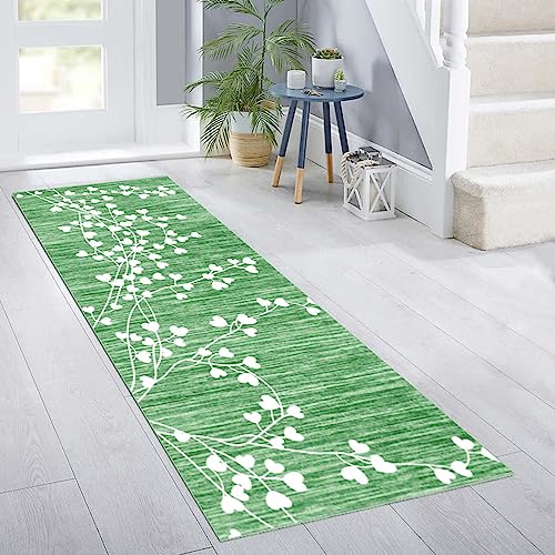 Siunwdiy Teppich Läufer Flur Küche Grasgrün Weiße Blätter Blumen rutschfest Korridor Teppichläufer Waschbar 50x120cm Modern Schlafzimmer Wohnzimmer Läufer Teppich Breite 40-140cm von Siunwdiy