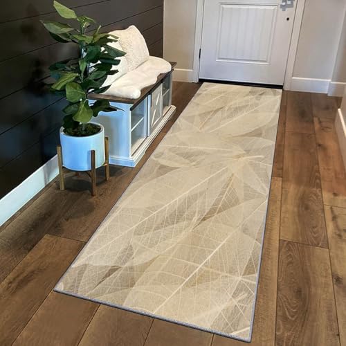Siunwdiy Teppich Läufer Flur Küche rutschfest Waschbar 120 x 420 cm Beige Blättermuster Kurzflor Küchenläufer Lang Korridor Teppich Läufer Küchenteppich Einfarbig Flurteppich Meterware Anpassbar von Siunwdiy