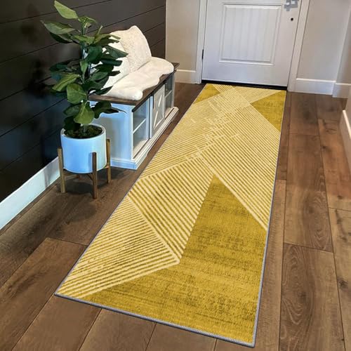Siunwdiy Teppich Läufer Flur Küche rutschfest Waschbar 120 x 480 cm Gelb Abstrakte Streifen Kurzflor Küchenläufer Lang Korridor Teppich Läufer Küchenteppich Einfarbig Flurteppich Meterware Anpassbar von Siunwdiy