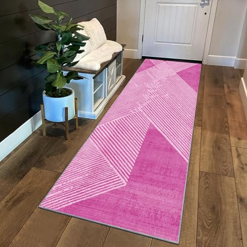 Siunwdiy Teppich Läufer Flur Küche rutschfest Waschbar 140 x 280 cm Rosa Abstrakte Streifen Kurzflor Küchenläufer Lang Korridor Teppich Läufer Küchenteppich Einfarbig Flurteppich Meterware Anpassbar von Siunwdiy
