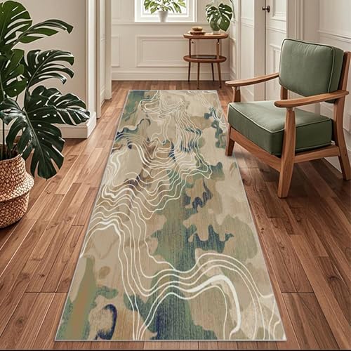 Siunwdiy Teppich Läufer Flur Küche rutschfest Waschbar 140 x 400 cm Braun Grün Abstrakter Kurzflor Küchenläufer Lang Korridor Teppich Läufer Küchenteppich Einfarbig Flurteppich Meterware Anpassbar von Siunwdiy