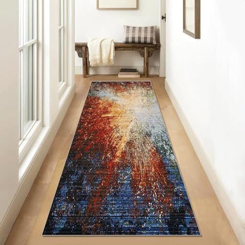Siunwdiy Teppich Läufer Flur Küche rutschfest Waschbar 140x360cm Bunter/Blauer Flurteppich Küchenläufer Lang Abstrakt Vintage Dauerhaft Korridor Teppichläufer Küchenteppich Meterware Anpassbar von Siunwdiy