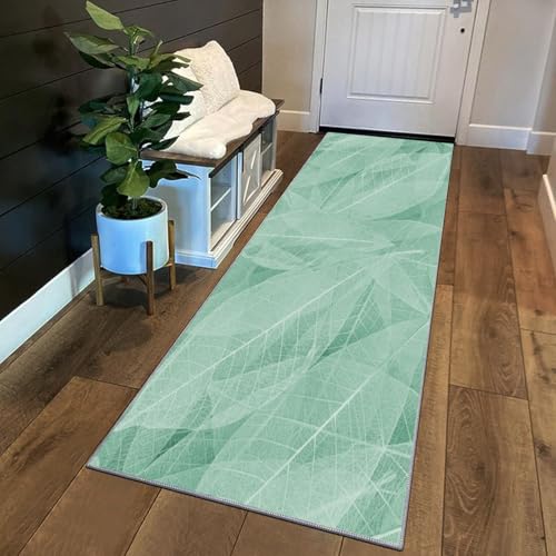 Siunwdiy Teppich Läufer Flur Küche rutschfest Waschbar 50 x 460 cm Grün Blättermuster Kurzflor Küchenläufer Lang Korridor Teppich Läufer Küchenteppich Einfarbig Flurteppich Meterware Anpassbar von Siunwdiy