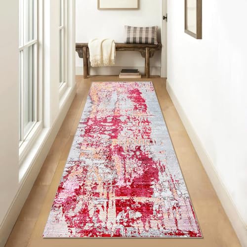 Siunwdiy Teppich Läufer Flur Küche rutschfest Waschbar 70x200cm Rosa/grau/rot Schmutzfangläufer Modern Küchenteppich Meterware,Teppichläufer Kücheläufer Schlafzimmer Wohnzimmer Anpassbar von Siunwdiy