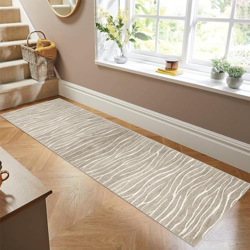 Siunwdiy Teppich Läufer Flur Küche rutschfest Waschbar Beiger Küchenläufer Lang Gestreifter Korridor -Teppichläufer Flurteppich Küchenteppich Meterware Anpassbar,Beige,100x140cm von Siunwdiy