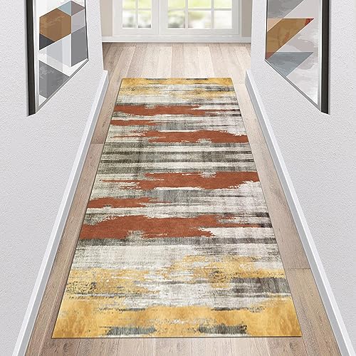 Siunwdiy Teppich Läufer Flur Küche rutschfest waschbar Teppichläufer Lang beige/gelb Bunt 40x340cm Abstrakt Design Meterware Korridor Tepiche Esszimmer Schlafzimmer Wohnzimmer Küchenteppich von Siunwdiy