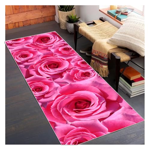 Siunwdiy Teppich Läufer Flur Lang 100x320cm Pink Rose rutschfest Waschbar mit 3D Druckmuster, Küchenteppich für Korridor Eingang, Flurläufer für Wohnzimmer Schlafzimmer, Modern Design mit Gummirücken von Siunwdiy