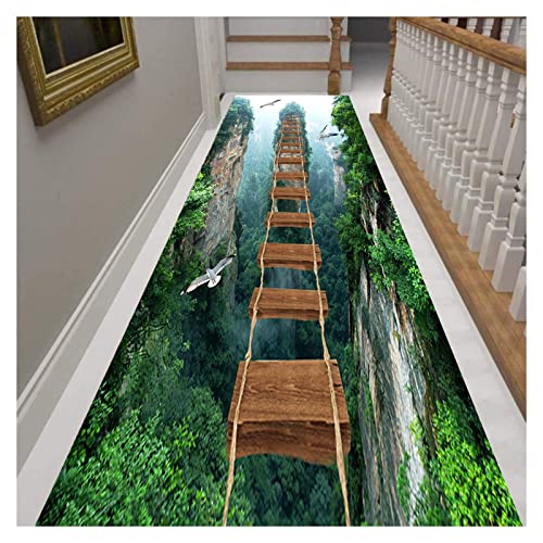 Siunwdiy Teppich Läufer Flur rutschfest,Läufer Teppiche Flur Teppich Korridor Teppich Eingang Matte 3D Hängebrücke im Wald Muster Design Einfach Und Modern Polyester Schneidbar,Grün,50x120cm von Siunwdiy