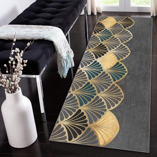 Siunwdiy Teppich Läufer Flur rutschfest 110x440cm Langer Läufer, Waschbar Küchenläufer,Grau Gold Flurteppich Läufer lang Teppichläufer Flur Flurteppich Flurläufer für Küche Schlafzimmer Wohnzimmer von Siunwdiy